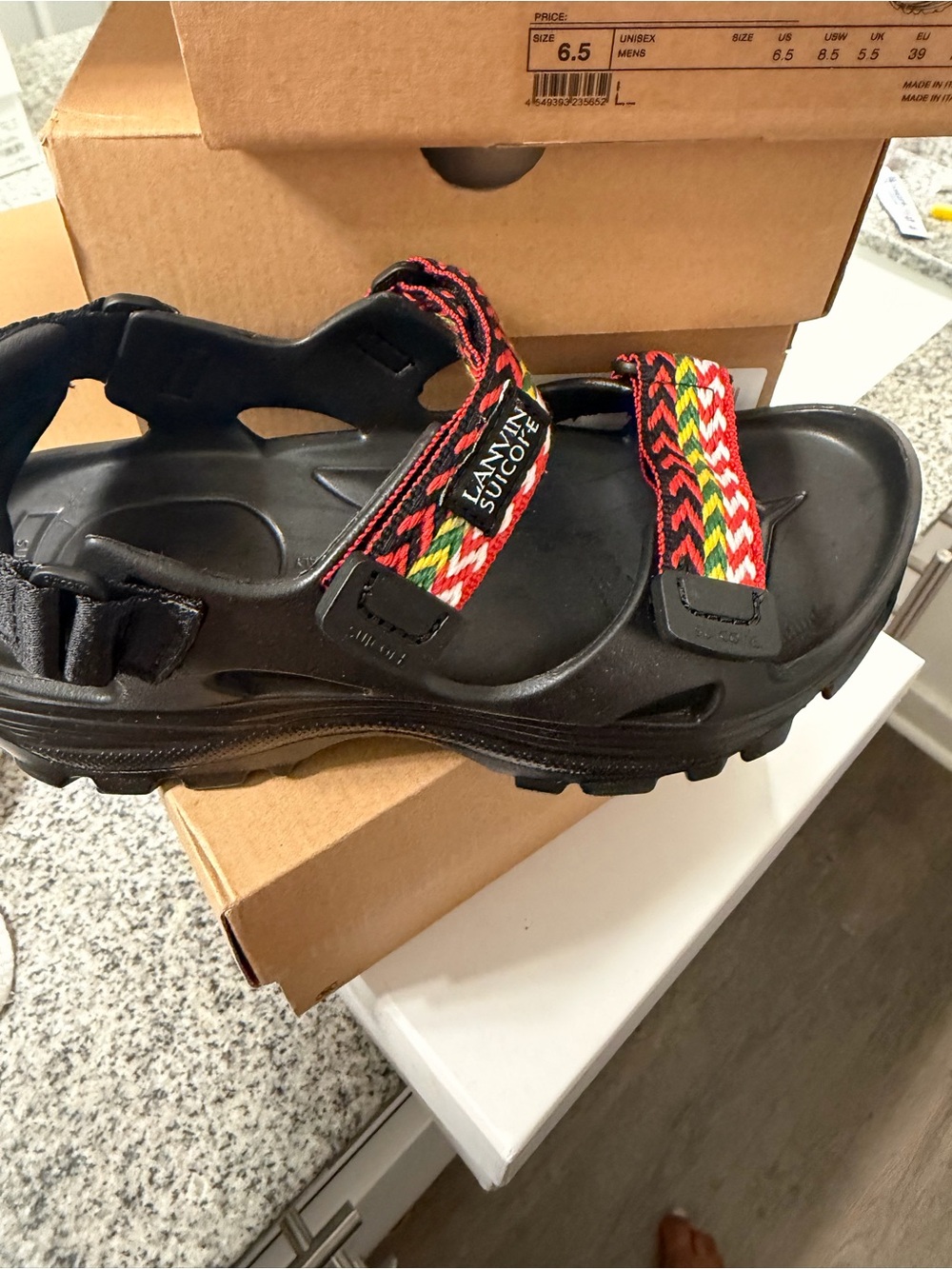 Lanvin x Suicoke collab Black Sandals with Red Multi-Color Straps